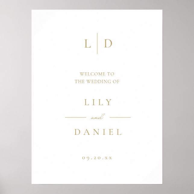White and Gold Monogram Wedding Welcome Sign (Front)