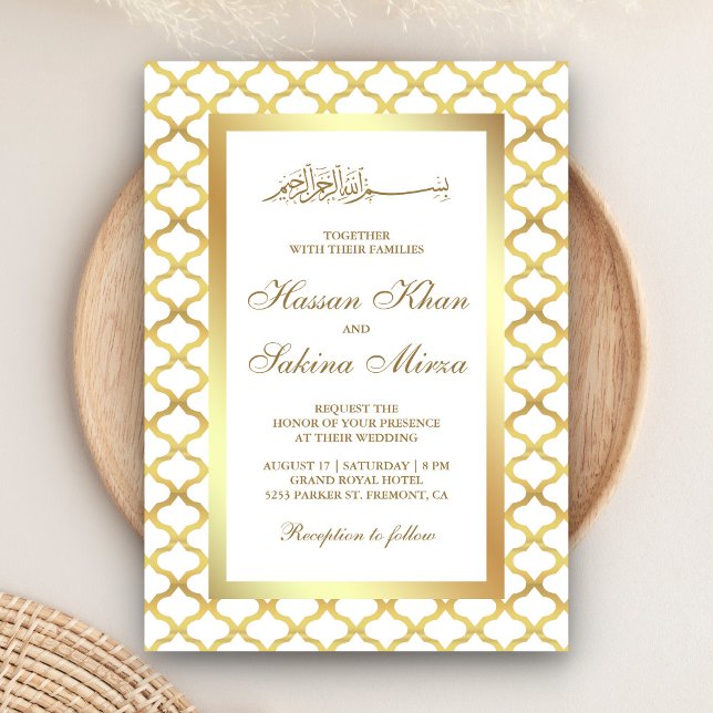 White and Gold Moroccan Quatrefoil Muslim Wedding Invitation (Creator Uploaded)