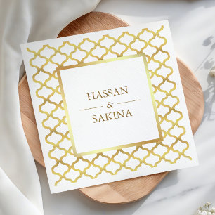 White and Gold Moroccan Quatrefoil Wedding Napkin