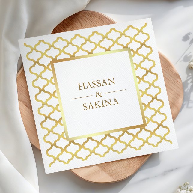 White and Gold Moroccan Quatrefoil Wedding Napkin (Creator Uploaded)