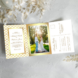 White and Gold Moroccan Quatrefoil Wedding Photo Tri-Fold Invitation
