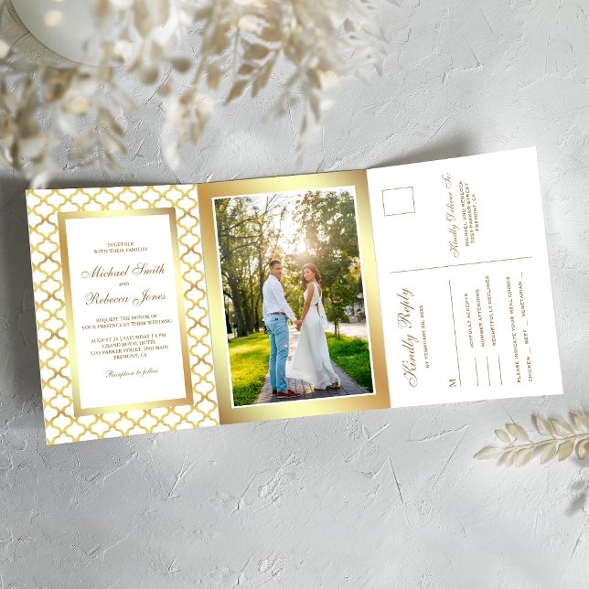 White and Gold Moroccan Quatrefoil Wedding Photo Tri-Fold Invitation (Creator Uploaded)