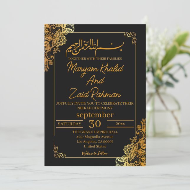 White and Gold Nikkah Invitation (Standing Front)