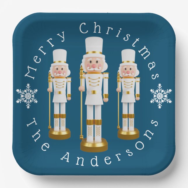 White and Gold Nutcrackers Personalise Paper Plate (Front)