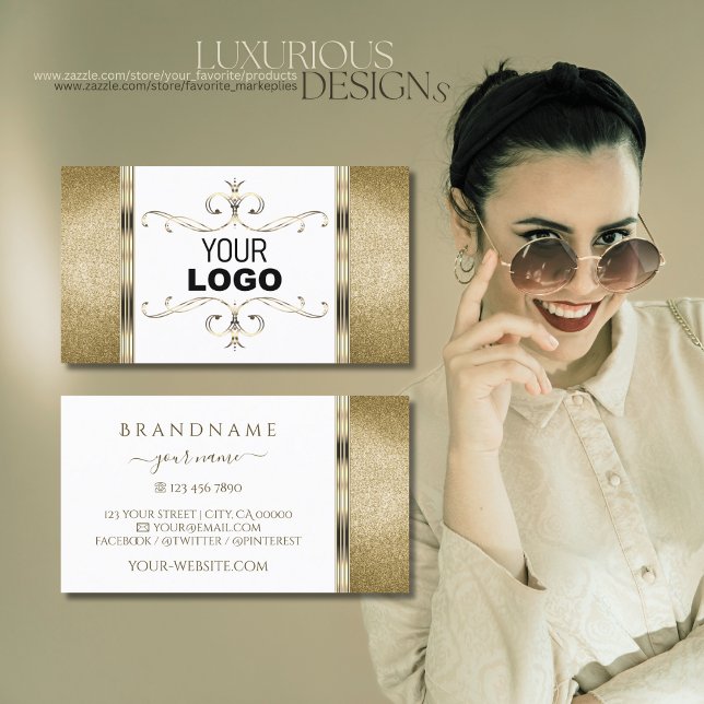 White and Gold Ornaments Golden Glitter with Logo Business Card (Creator Uploaded)