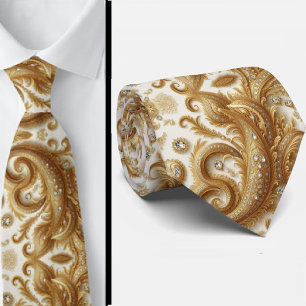 White and Gold Paisley Diamond 3d Style Neck Tie