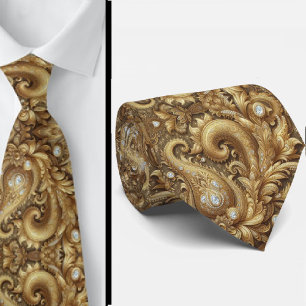 White and Gold Paisley Diamond 3d Style Neck Tie