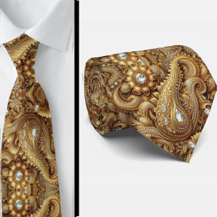 White and Gold Paisley Diamond 3d Style Neck Tie
