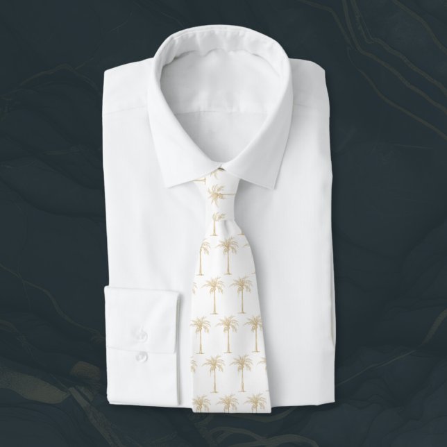 White and Gold Palm Tree Pattern Tie (Creator Uploaded)