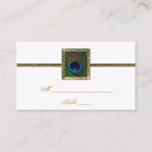White and Gold Peacock Feather Place Card