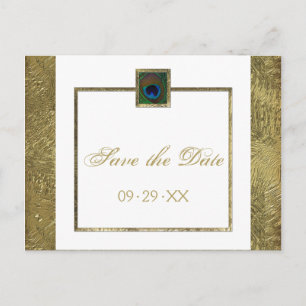 White and Gold Peacock Feather Save the Date Card