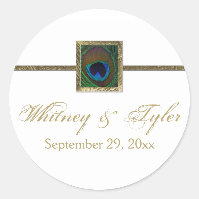 White and Gold Peacock Feather Wedding Sticker (Front)