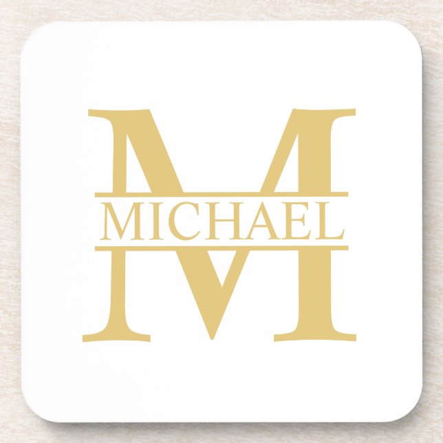 White and Gold Personalised Monogram and Name Coaster (Front)