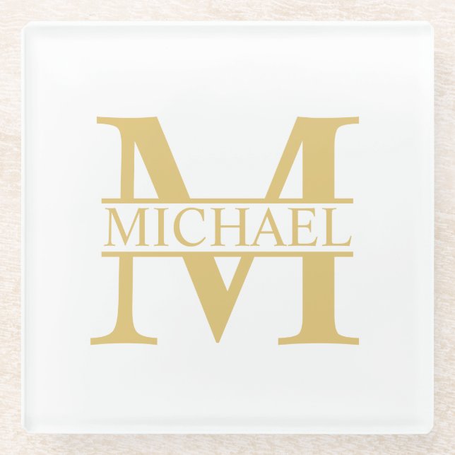 White and Gold Personalised Monogram and Name Glass Coaster (Front)