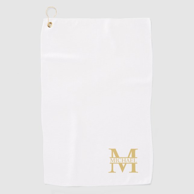 White and Gold Personalised Monogram and Name Golf Towel (Front)