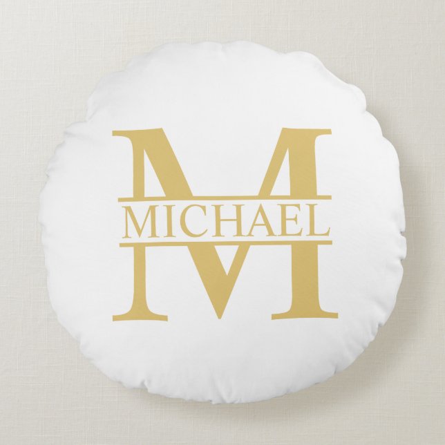 White and Gold Personalised Monogram and Name Round Cushion (Front)