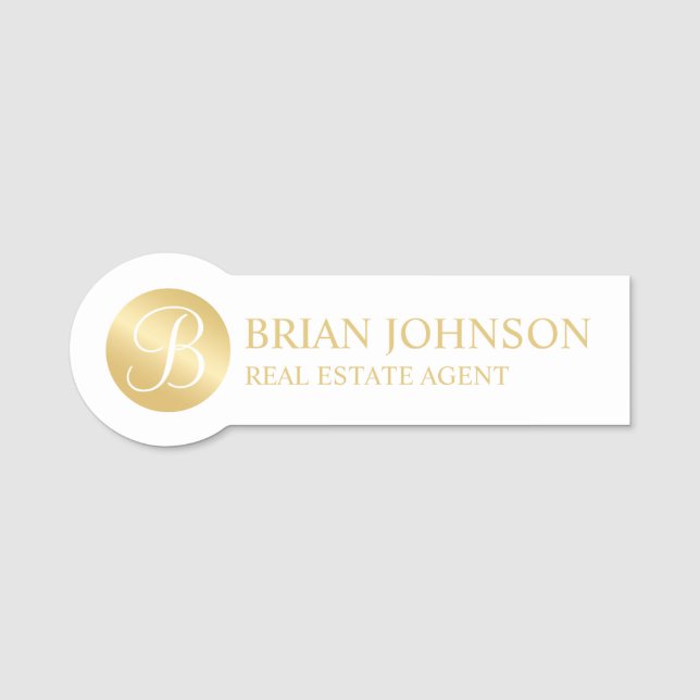 White and Gold Personalised Monogram and Name Tag (Front)