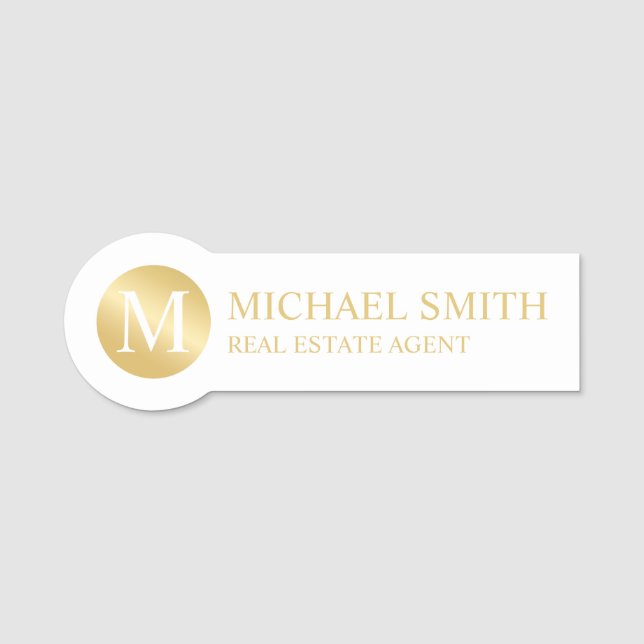 White and Gold Personalised Monogram and Name Tag (Front)