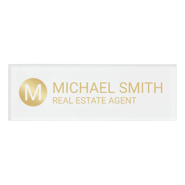 White and Gold Personalised Monogram and Name Tag (Front)