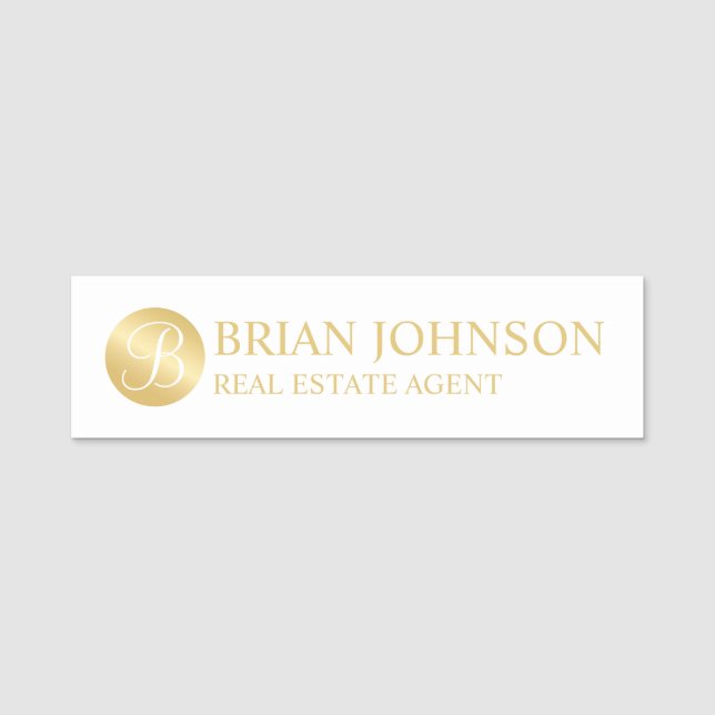 White and Gold Personalised Monogram and Name Tag (Front)