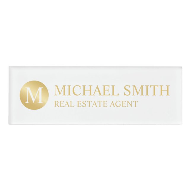 White and Gold Personalised Monogram and Name Tag (Front)