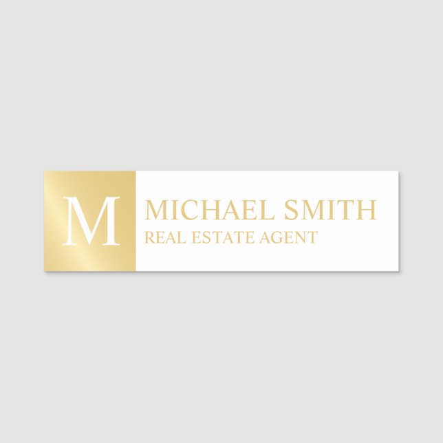 White and Gold Personalised Monogram and Name Tag (Front)