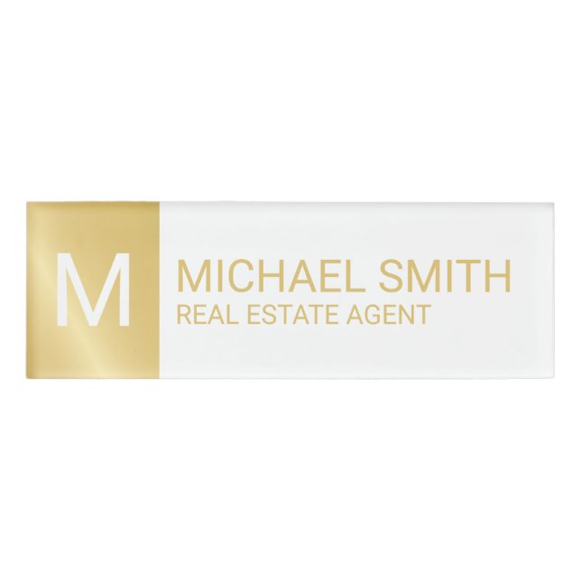 White and Gold Personalised Monogram and Name Tag (Front)