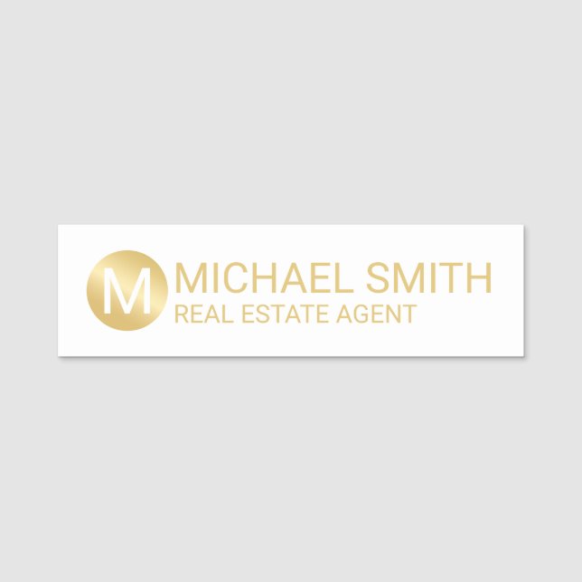 White and Gold Personalised Monogram and Name Tag (Front)