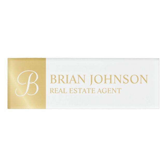 White and Gold Personalised Monogram and Name Tag (Front)