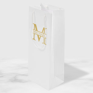 White and Gold Personalised Monogram and Name Wine Gift Bag