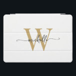 White And Gold Personalised Monogram Name Script iPad Pro Cover<br><div class="desc">Girly Elegant White and Gold Simple Minimal Monogram Initial Name Script Custom Personalised iPad Cover. These design featuring your first name in a pretty hand lettered style swash tail font typography (or calligraphy) with monogram initial in gold and black on white colour background. These are easy to customise. Great stylish...</div>