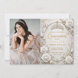 White and Gold Photo Quinceanera Invitation