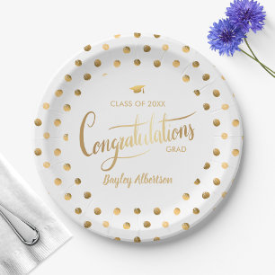 White and Gold Polka Dot Congrats Grad Graduation  Paper Plate