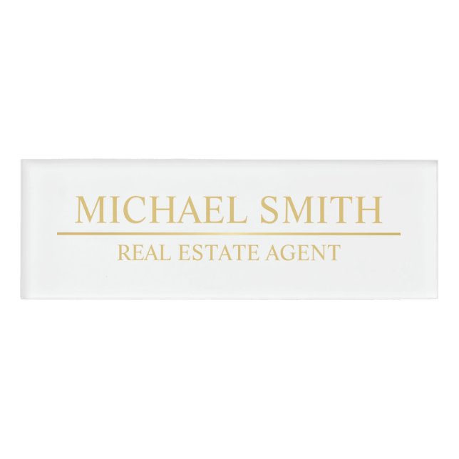 White and Gold Professional Personalised Name Tag (Front)