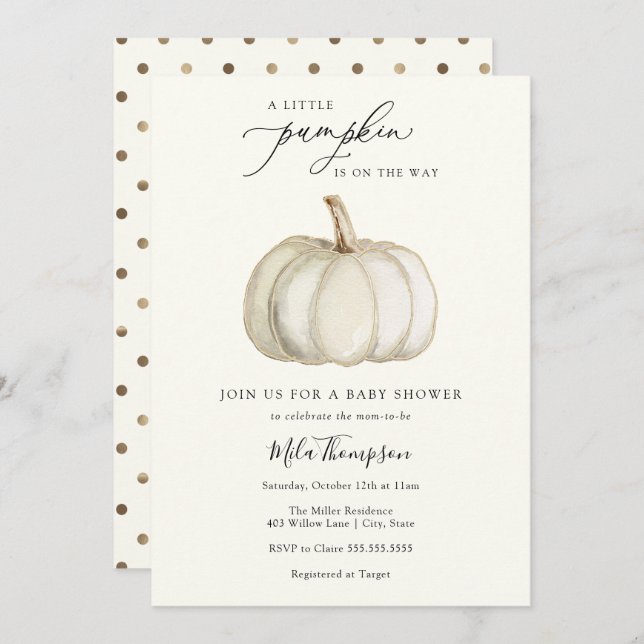 White and Gold Pumpkin Baby Shower Invitation (Front/Back)