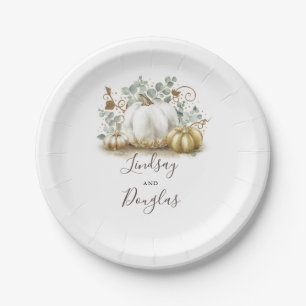 White and Gold Pumpkin Fall Harvest Paper Plate