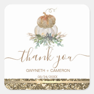 White and Gold Pumpkin Thank You Square Sticker