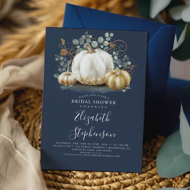 White and Gold Pumpkins Fall Bridal Shower Invitat Invitation (Pumpkins Navy Blue Fall Bridal Shower Invitation)