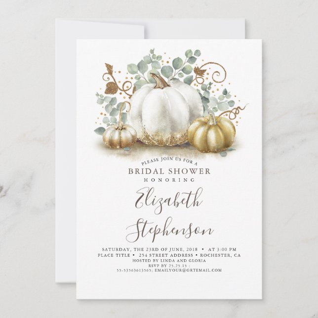 White and Gold Pumpkins Fall Bridal Shower Invitation (Front)