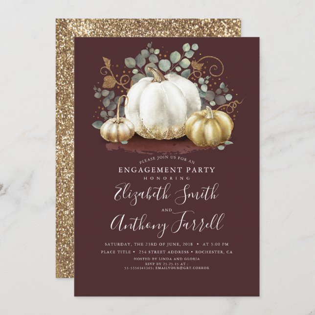 White and Gold Pumpkins Fall Engagement Party Invitation (Front/Back)