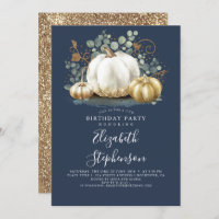 White and Gold Pumpkins Fall Harvest Birthday Invi