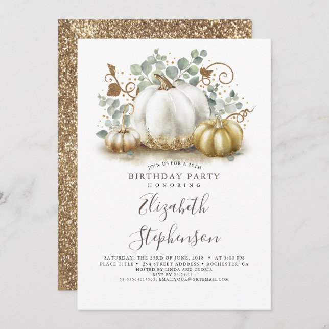 White and Gold Pumpkins Fall Harvest Birthday Invitation (Front/Back)