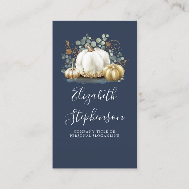 White and Gold Pumpkins Fall Harvest Navy Blue Business Card (Front)