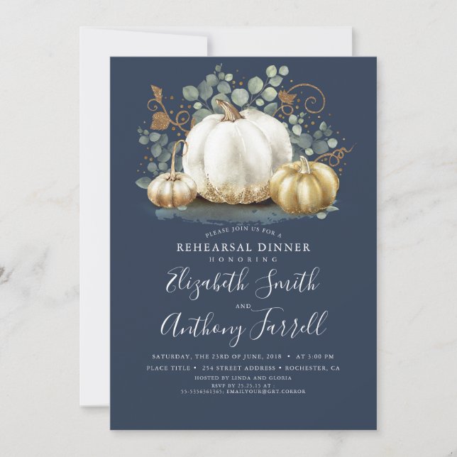 White and Gold Pumpkins Fall Rehearsal Dinner Invi Invitation (Front)