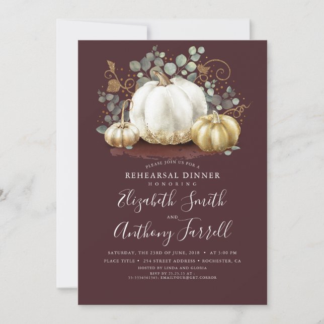 White and Gold Pumpkins Fall Rehearsal Dinner Invitation (Front)
