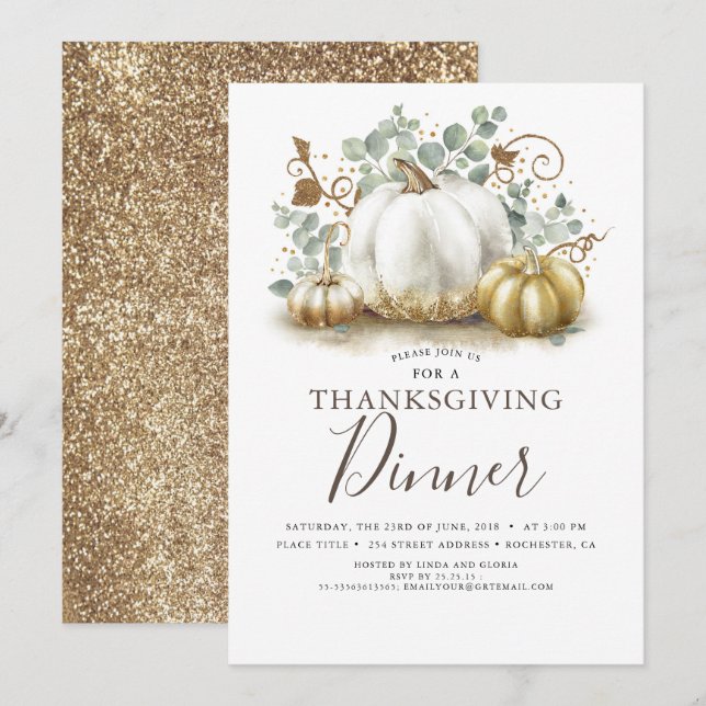 White and Gold Pumpkins Fall Thanksgiving Dinner Invitation (Front/Back)