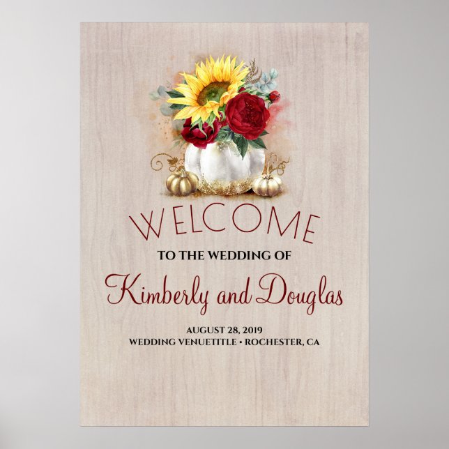 White and Gold Pumpkins Fall Wedding Welcome Sign (Front)
