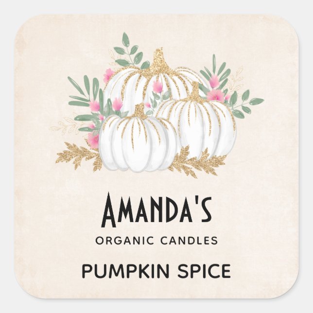 White and Gold Pumpkins Watercolor Candle Square Sticker (Front)