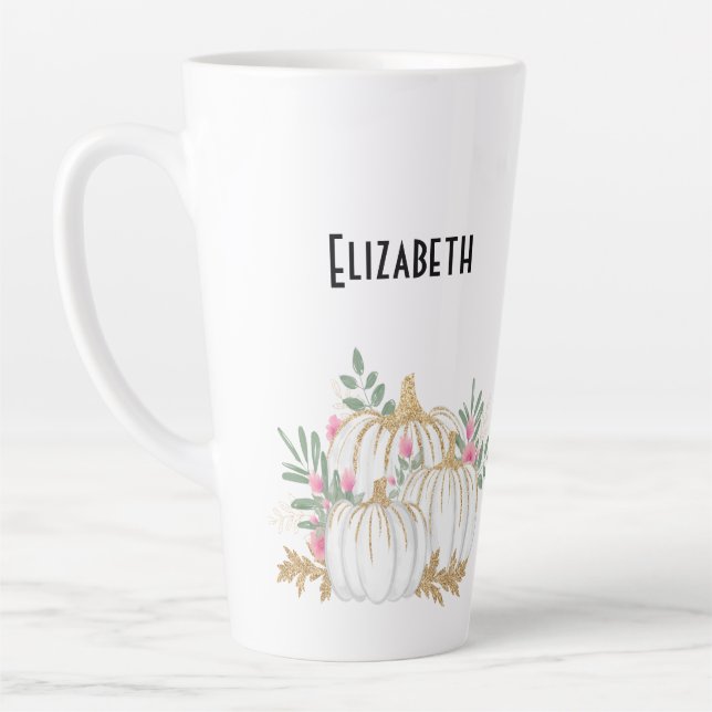 White and Gold Pumpkins Watercolor Latte Mug (Left)