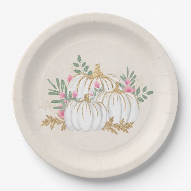  White and Gold Pumpkins Watercolor Paper Plate (Front)